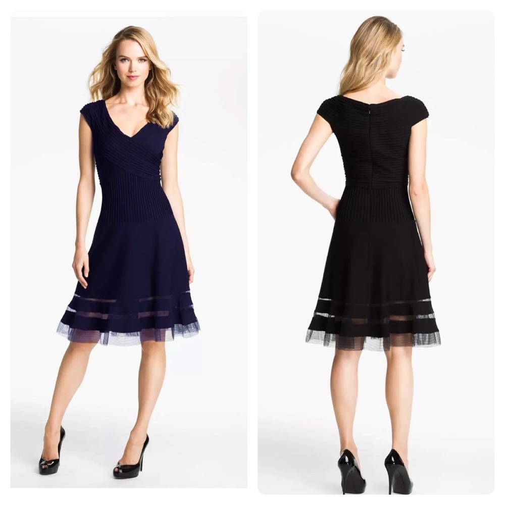 Tadashi Shoji V-Neck Tulle Trim Fit & Flare Dress